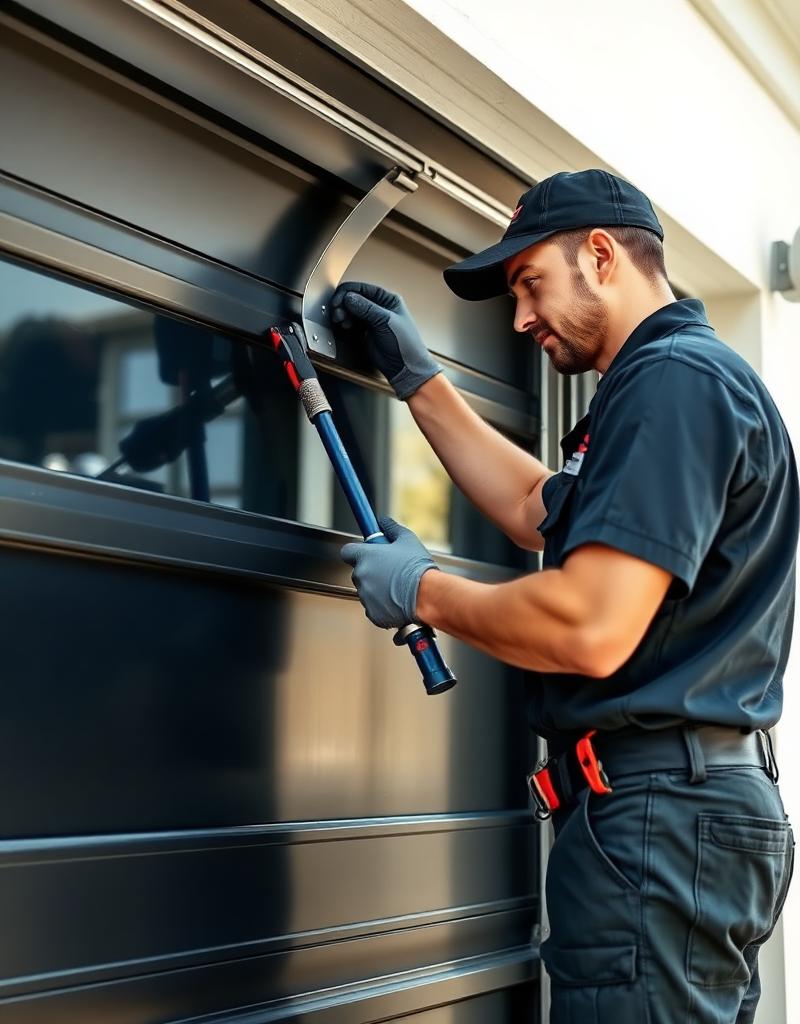 Professional garage door technician performing service